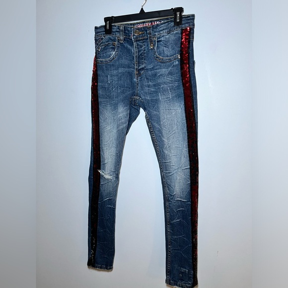 SMUGGLER’S MOON JEANS SLIM FIT DISTRESSED W/ RHINESTONE TRIM. W 30 / L 31 - Picture 6 of 16